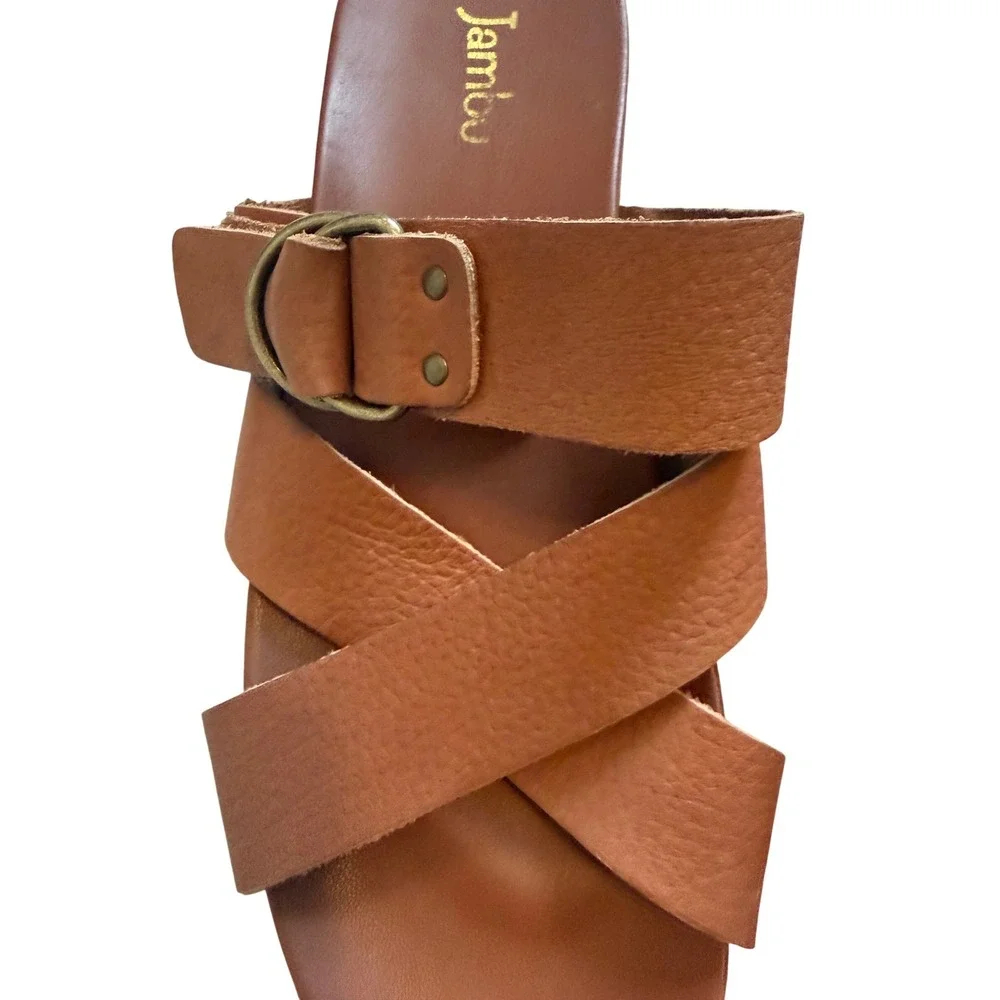 Jambu Brown Leather‎ Platform Sandals Sz 7.5-8 Crisscross Buckle-Pre-Loved